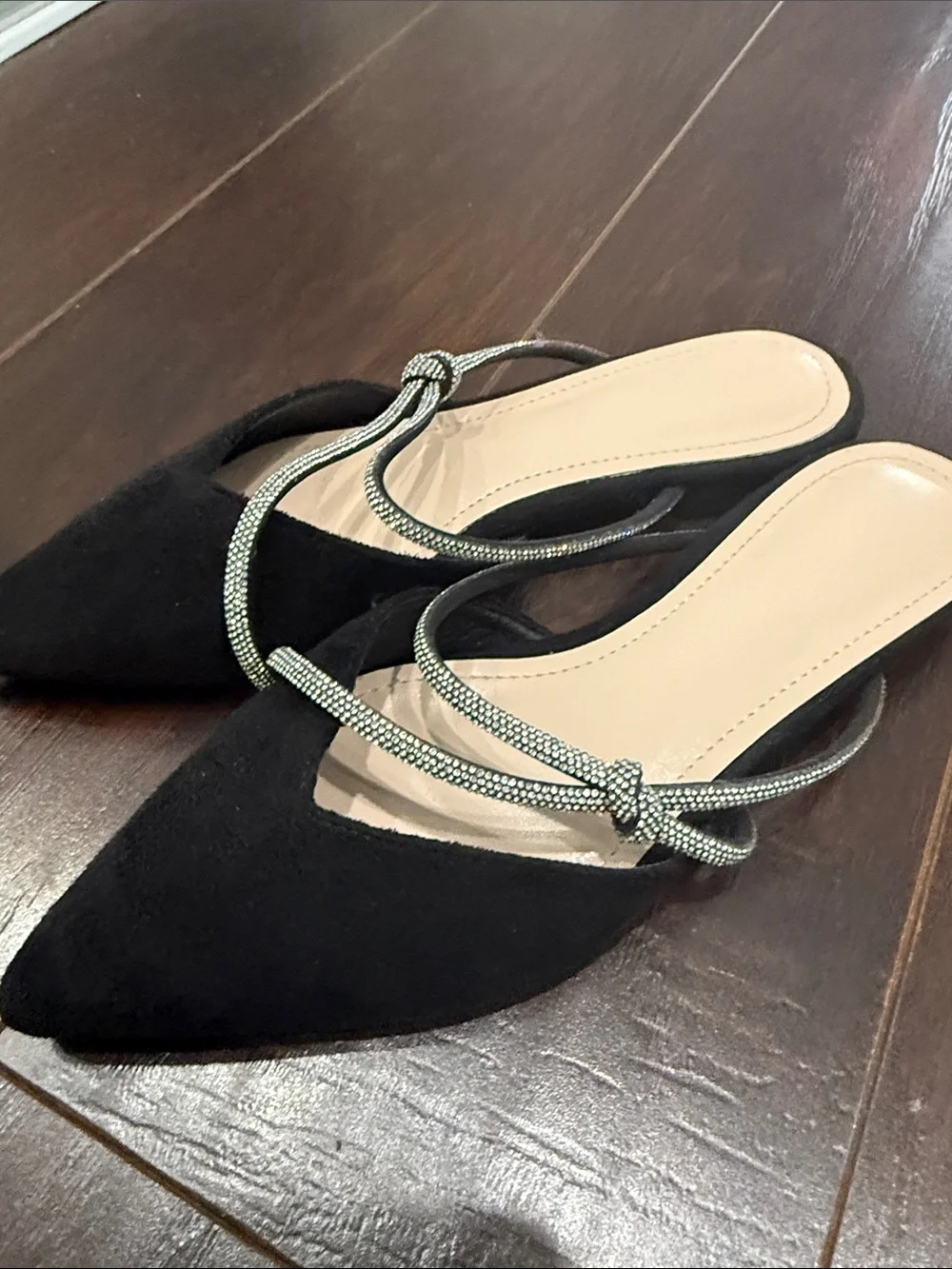 Black suede Pointed Toe Slip-On Mules with Silver Strap